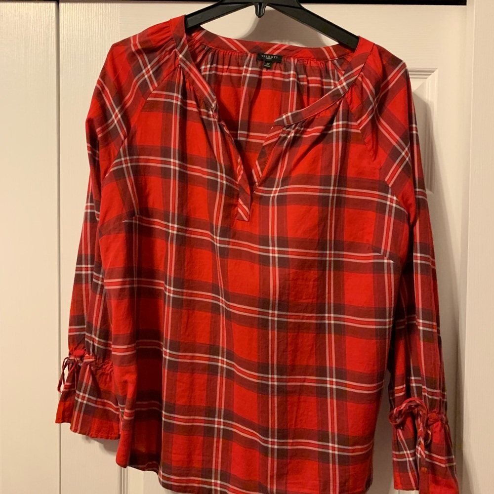 Cut price, Red plaid cotton top, string tie wrists